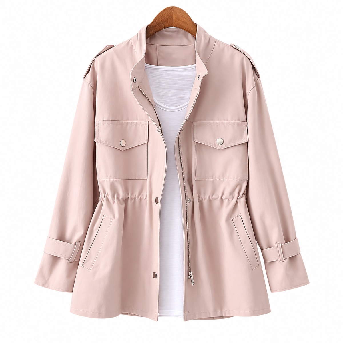 Waterafstotende Korte Dames Trenchcoat met Tunnelkoord en Kleppenzakken