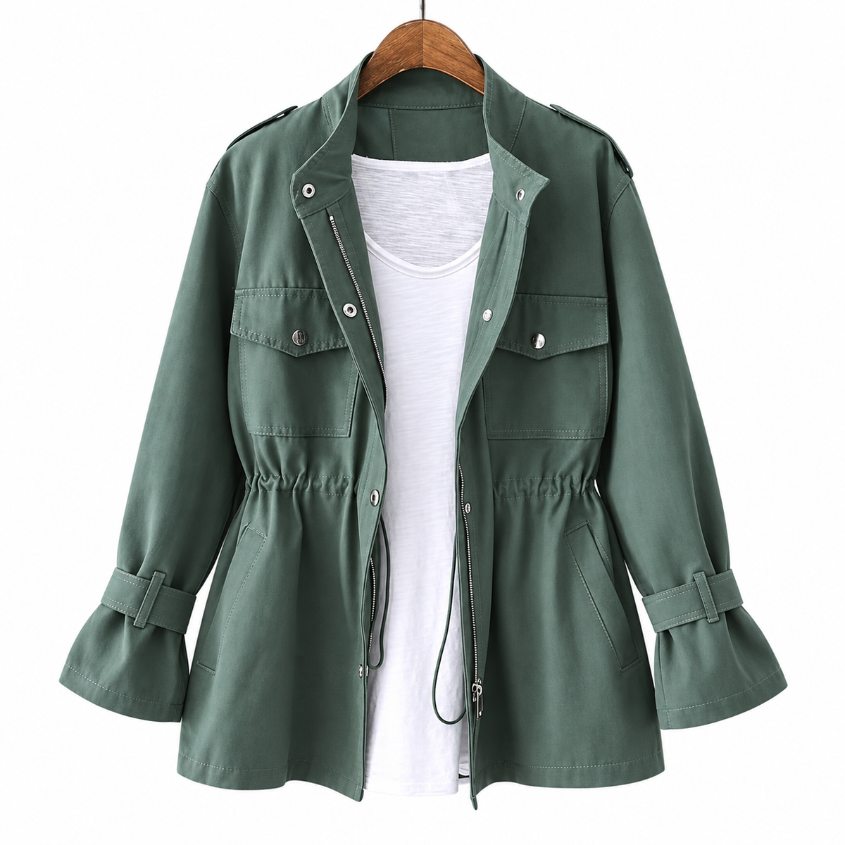 Waterafstotende Korte Dames Trenchcoat met Tunnelkoord en Kleppenzakken