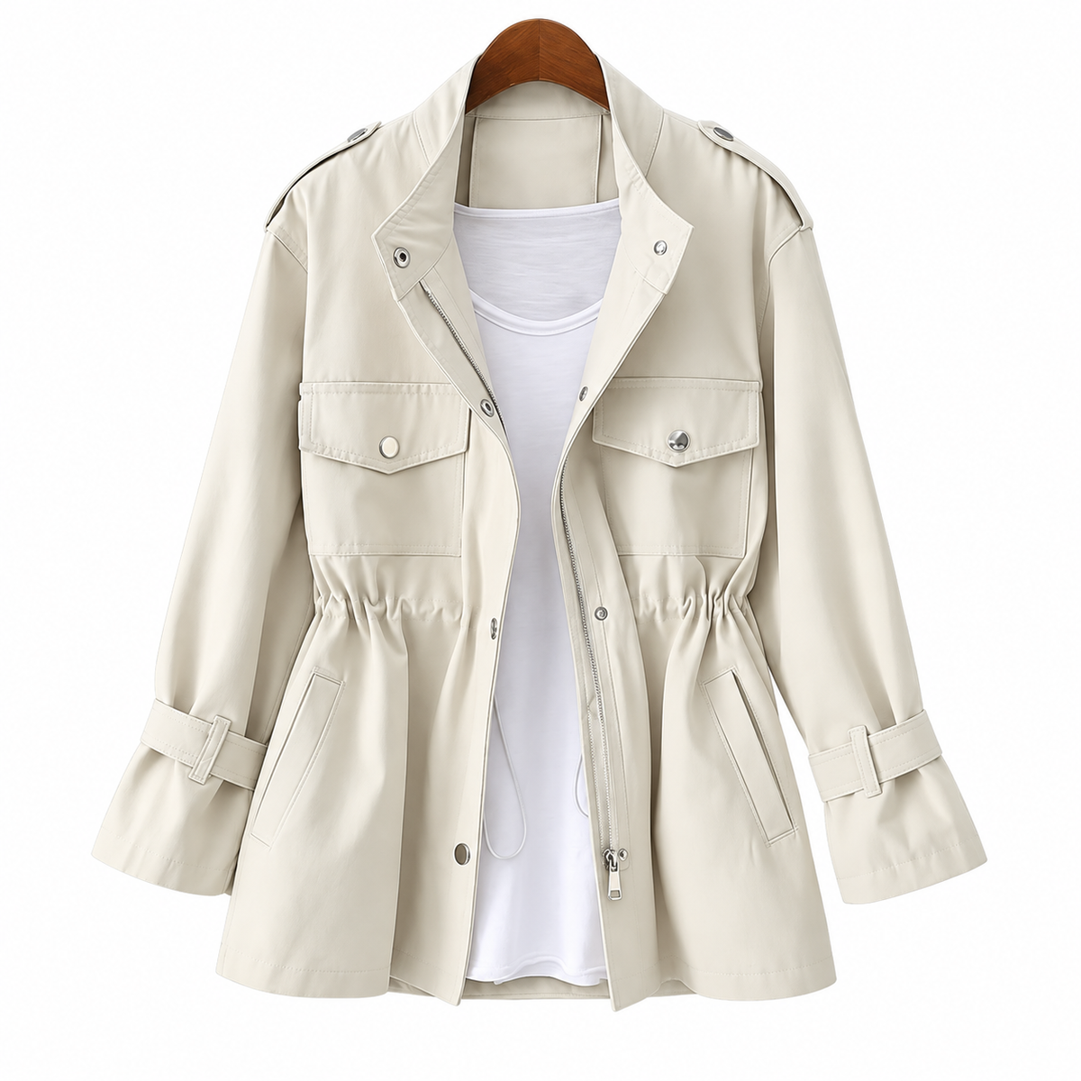 Waterafstotende Korte Dames Trenchcoat met Tunnelkoord en Kleppenzakken