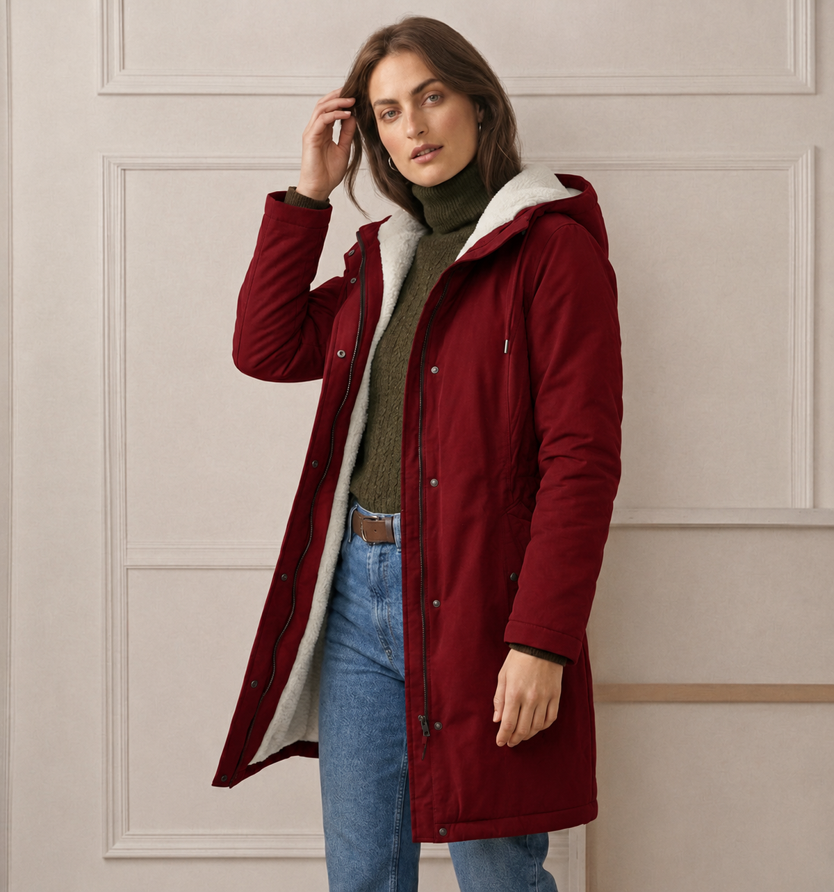 Warme Lange Winterparka voor Dames met Fleece Voering en Capuchon