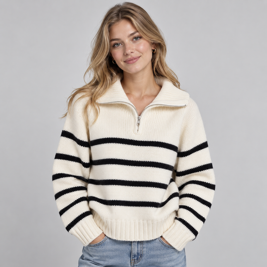 Oversized Grofgebreide Dames Trui met Halve Rits en Hoge Kraag