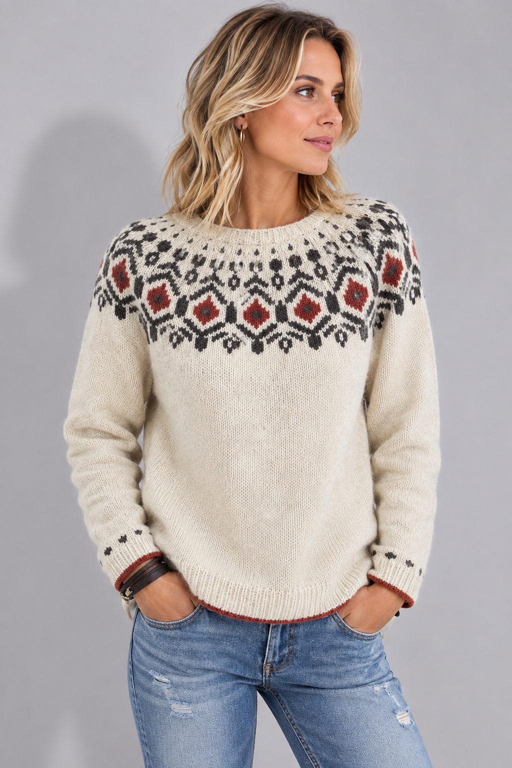 Zachte Gebreide Dames Trui met Fair Isle Patroon en Ronde Hals