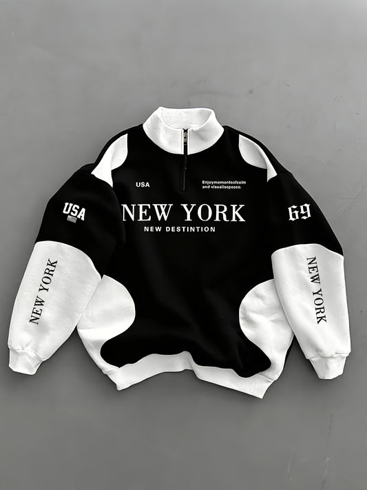 Heren top met New York-print, halfrits en losse pasvorm met zwart-witte strepen