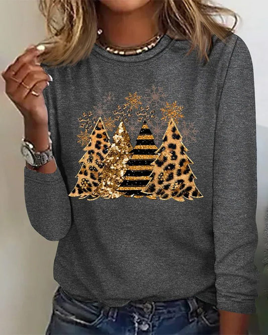 Relaxte Dames Sweater met Kerstboomprint en Ronde Hals