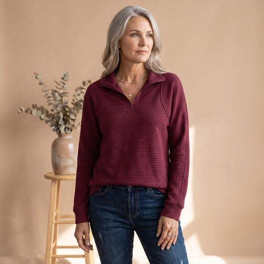 Geribde Dames Pullover met Halve Rits en Opstaande Kraag